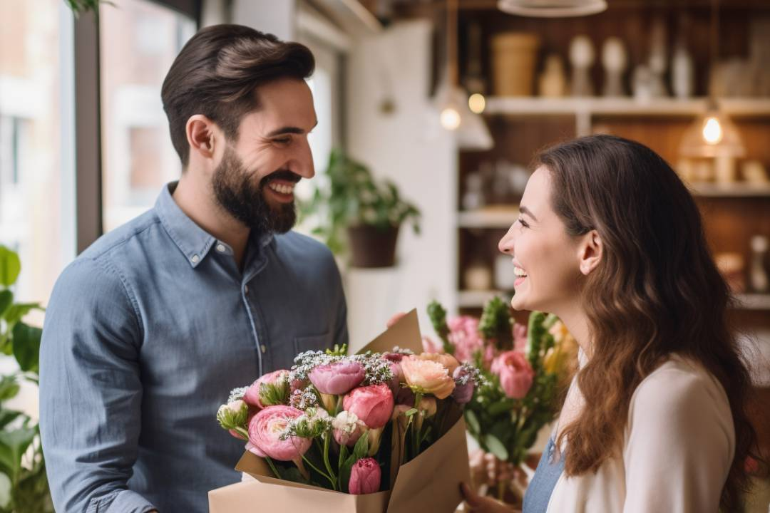 Secure online shopping with lovely flowers to celebrate a surprise, man smiling with woman smiling in flower shop - Flower Guy
