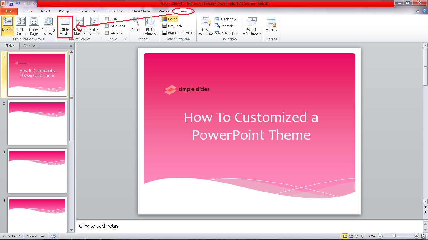 After you select your PowerPoint template, go to "View" tab, and select "Slide Master."