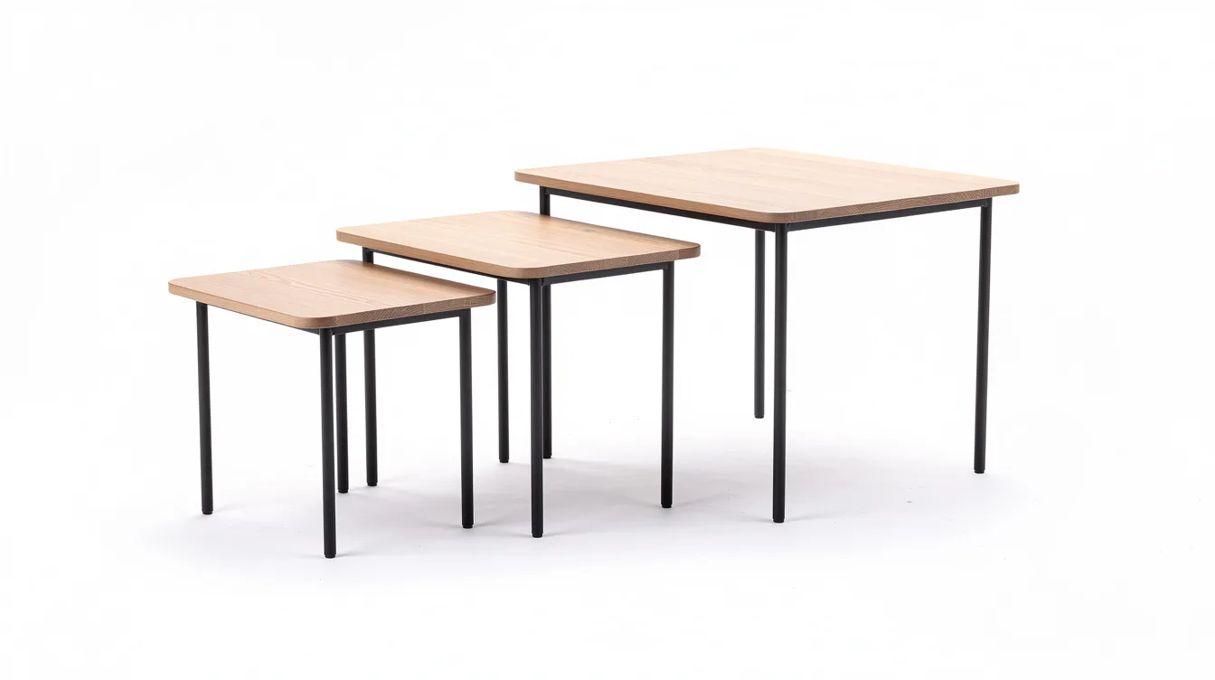 Ett satsbord i tre storlekar med metallben och träskivor, perfekt för att skapa en stilren och funktionell inredning i vardagsrummet. Bordet erbjuder en kombination av olika storlekar och material, vilket gör det lätt att anpassa efter dina behov och rum.