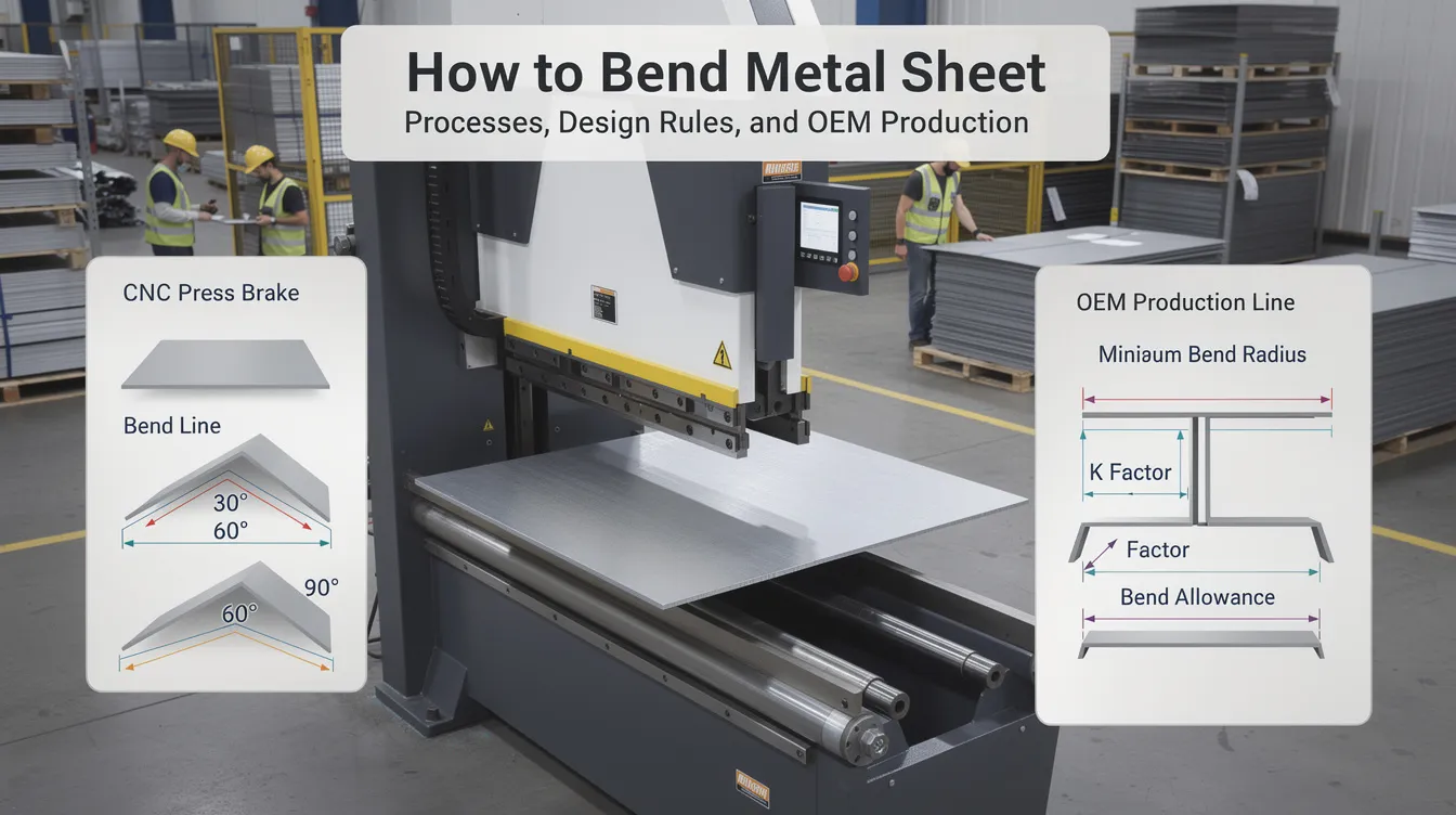 The image illustrates various methods for bending sheet metal, showcasing a sheet metal brake in action. It highlights the bending process, including the use of tools like a press brake and the importance of factors such as bend angle, bend radius, and material thickness in achieving the desired shape for sheet metal parts.