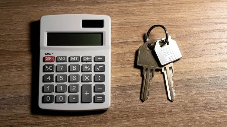 The image shows a calculator alongside a set of house keys on a wooden desk, suggesting a focus on financial calculations related to a mortgage deal, such as monthly payments and interest rates. This scene evokes the process of comparing remortgage options and assessing financial circumstances for homeownership.