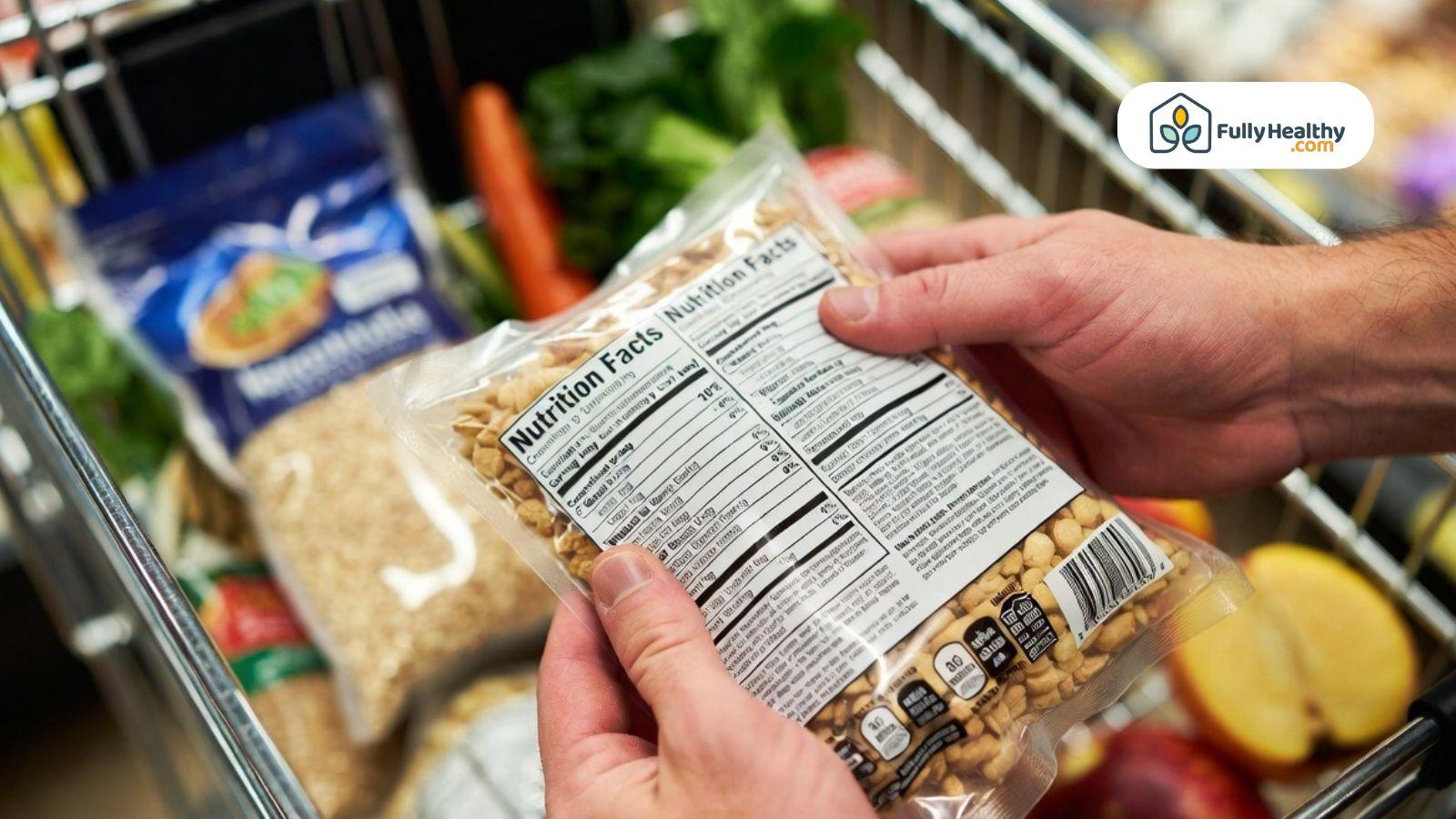 Shopper reading Nutrition Facts label while comparing packaged foods in grocery cart