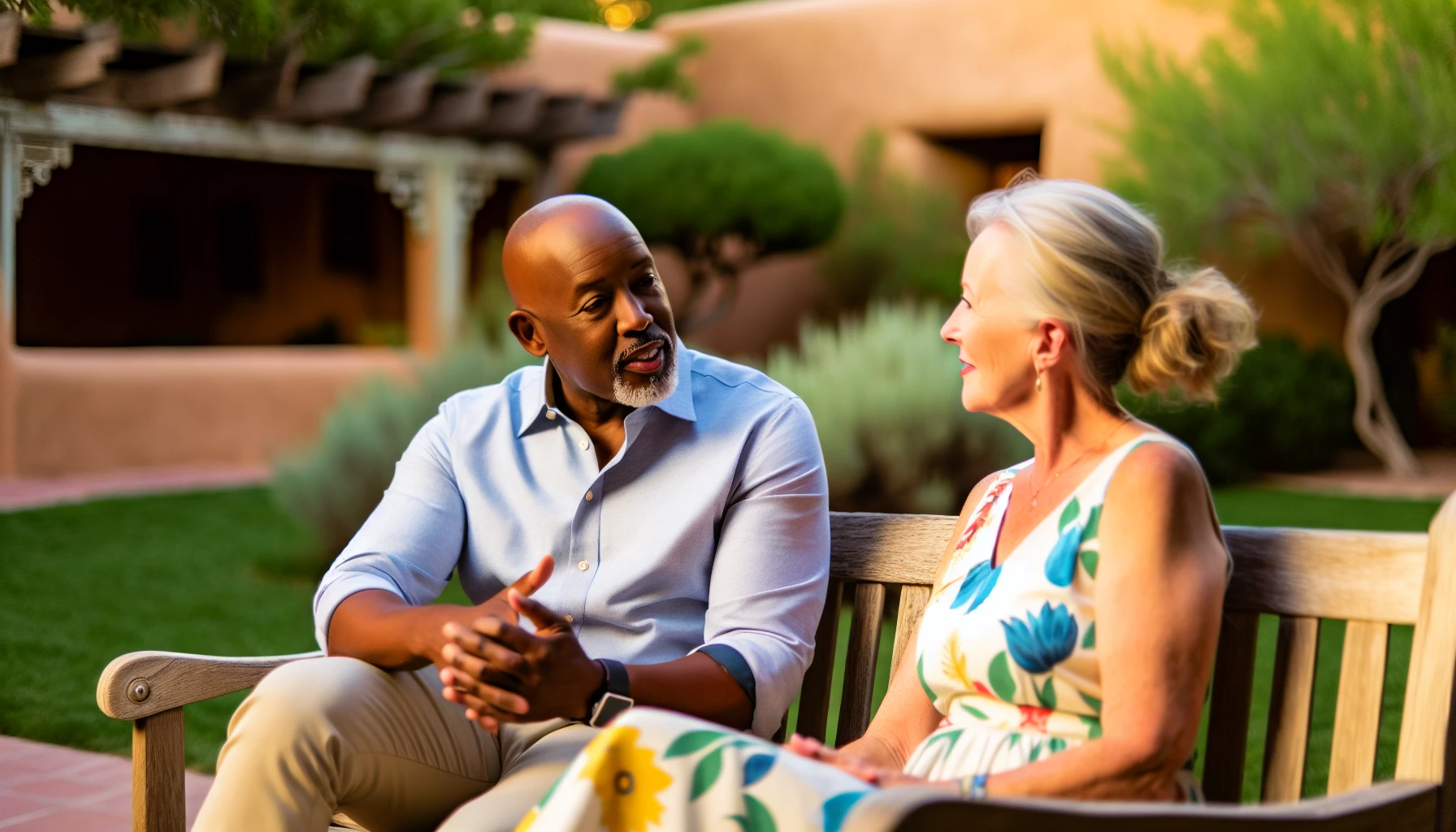 A mature couple in Santa Fe, NM discussing financial security and retirement planning