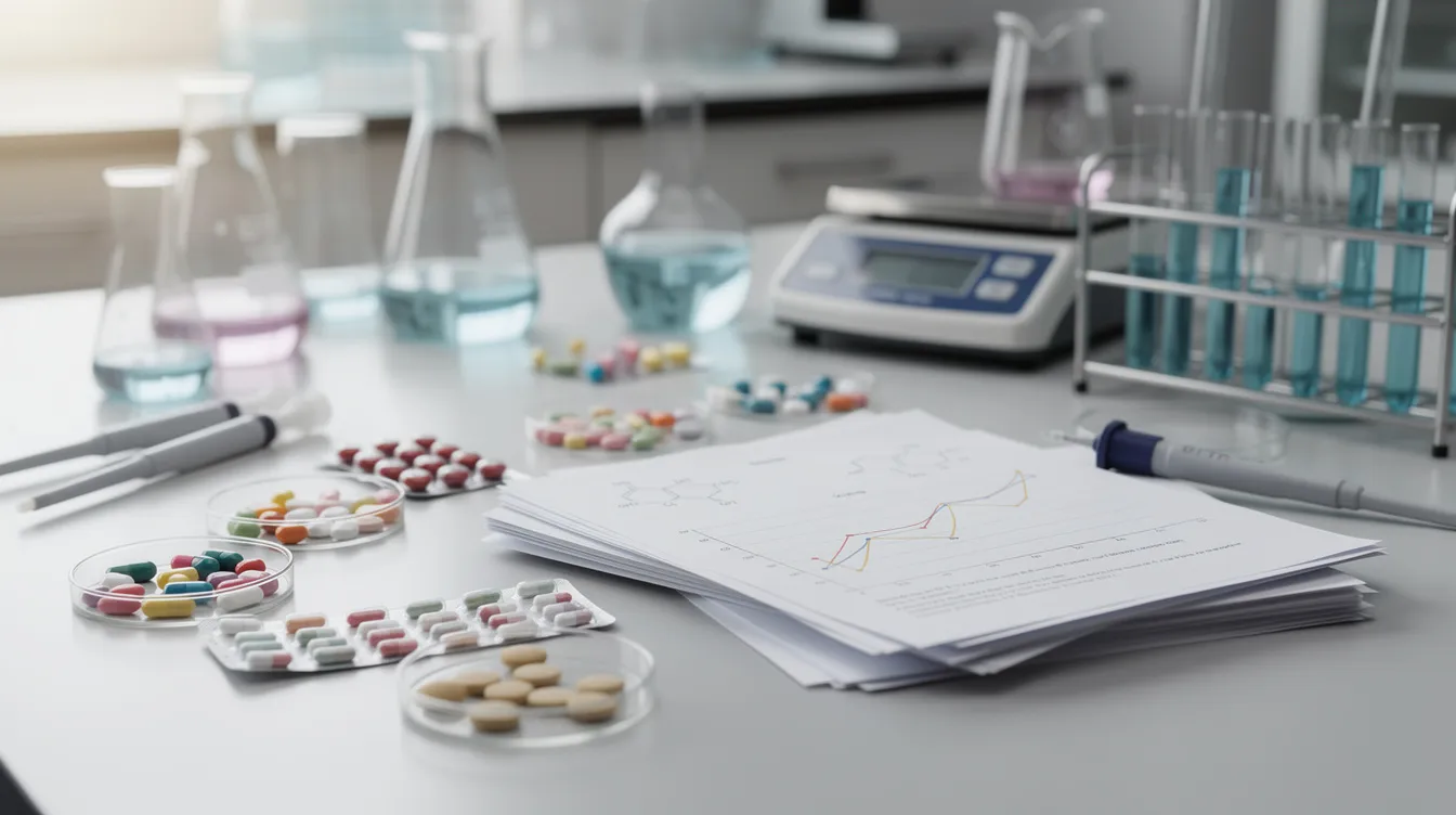 The image depicts a laboratory bench filled with various medication pills, research papers, and scientific equipment, all illuminated by soft lighting. This setting suggests a focus on studies related to metabolic syndrome and insulin resistance, possibly exploring the effects of exercise intensity on vascular insulin sensitivity and other health-related topics.