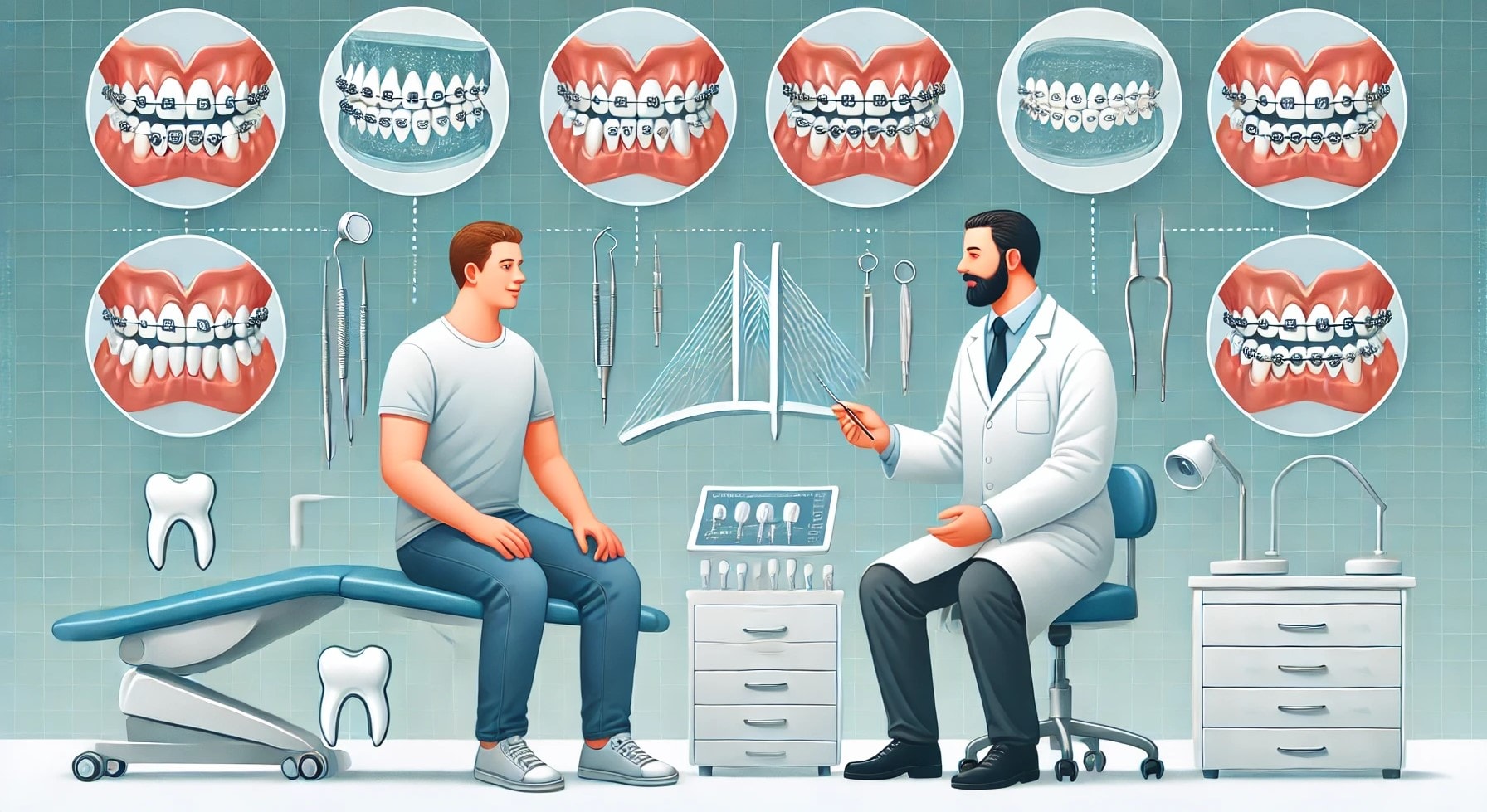 En illustrasjon av tannregulering for voksne i en profesjonell tannklinikk, med en tannlege som viser alternativer til en voksen pasient