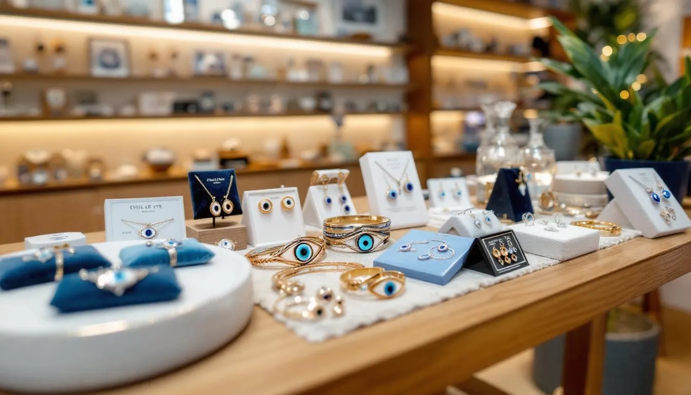 The image showcases a variety of evil eye jewellery available in London, including necklaces, bracelets, and earrings, all designed for protection and style. Each piece is displayed attractively, highlighting their intricate designs and vibrant colors, perfect for those looking to wear a unique charm.