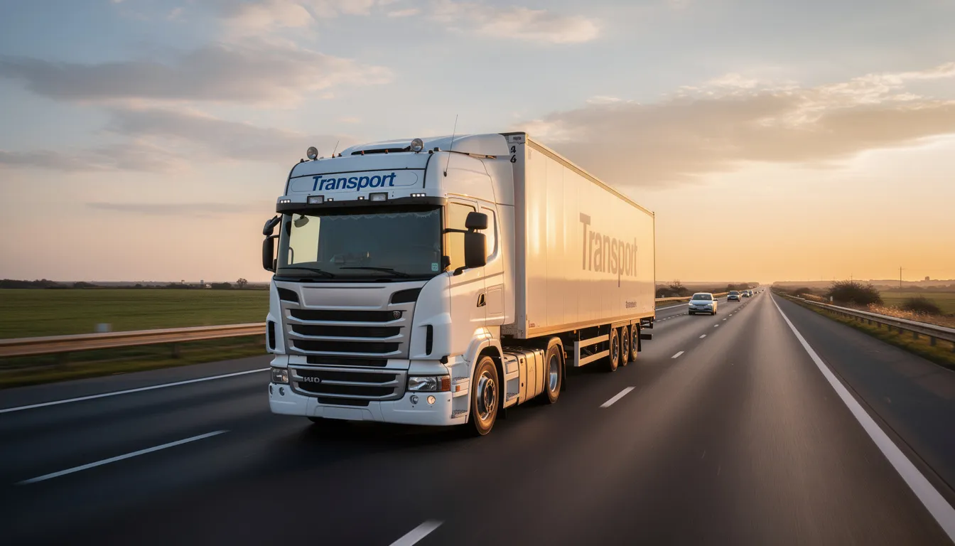 Na autostradzie jedzie ciężarówka, symbolizująca branżę transportową, która jest kluczowa dla małych i średnich przedsiębiorstw, umożliwiając im płynność finansową poprzez faktoring i odroczone terminy płatności. W tle widać rozległy krajobraz, co podkreśla znaczenie transportu w codziennym funkcjonowaniu firm.