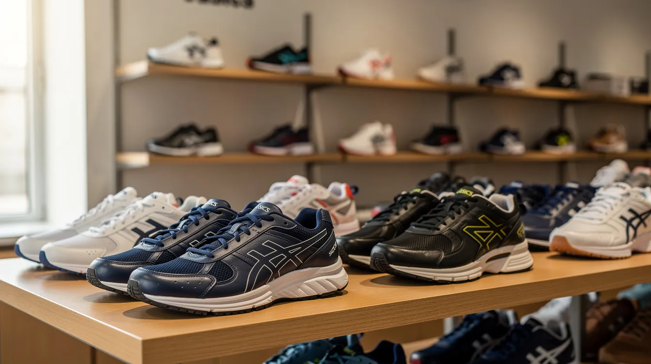 Eine vielfältige Auswahl an Sportschuhen, darunter beliebte Marken wie Nike und Adidas, wird in einem Einzelhandelsgeschäft auf Holzregalen präsentiert, wobei verschiedene Stile und Preisklassen hervorgehoben werden, um den Kundenwünschen gerecht zu werden. Diese Auslage hebt hochwertige Schuhe und die neuesten Trends in der Modeindustrie hervor und spricht sowohl Gelegenheitskäufer als auch ernsthafte Sportler an, die Turnschuhe kaufen möchten.