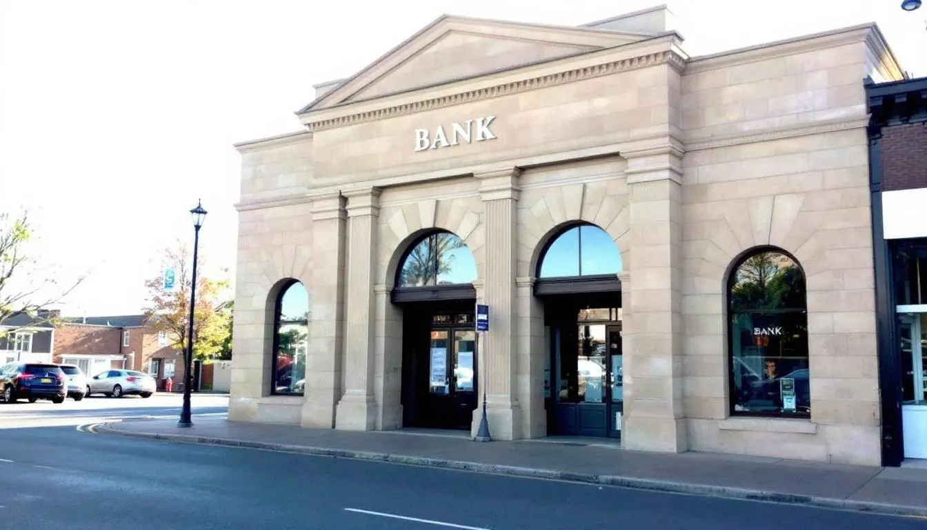 Exterior of a traditional bank building,