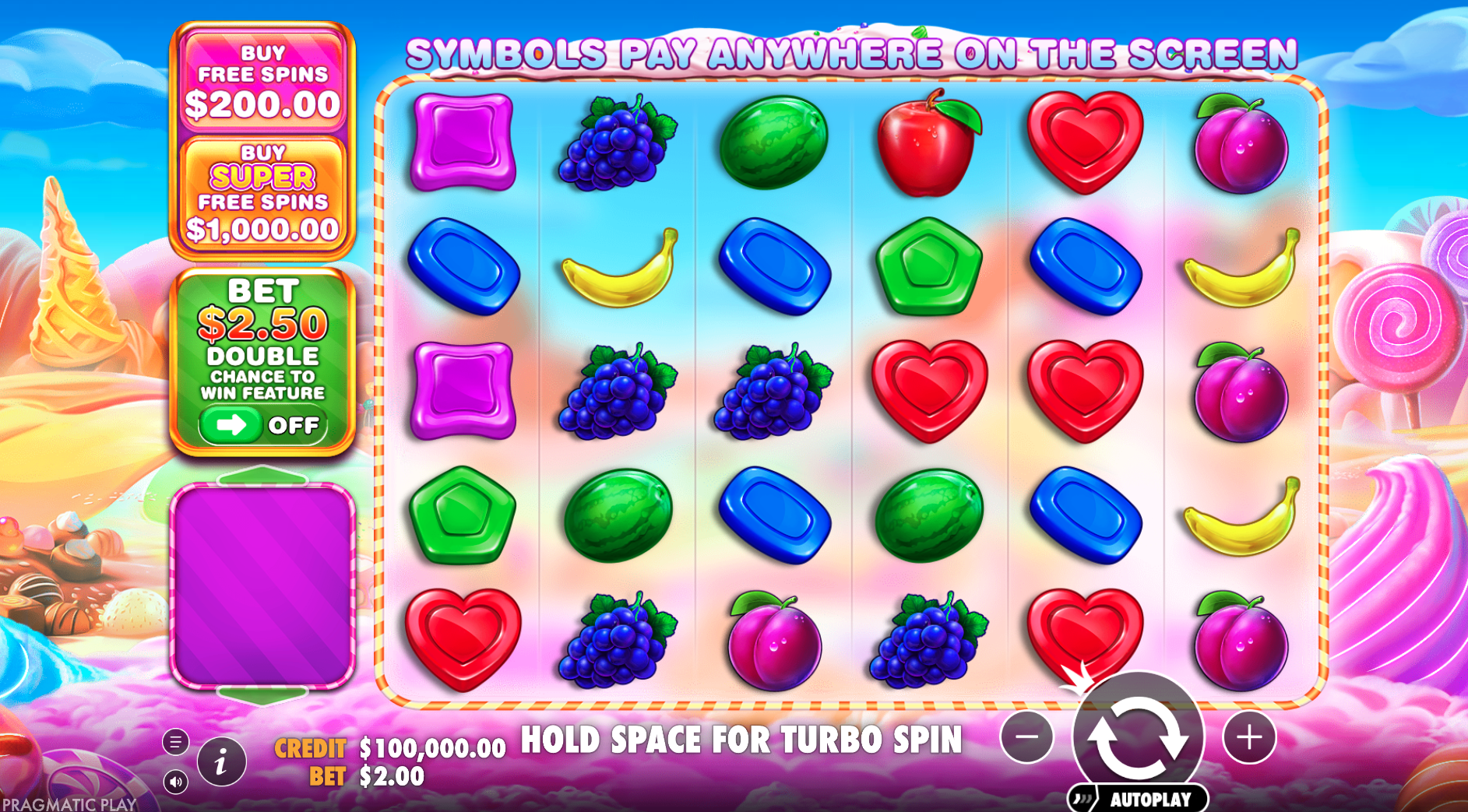 Sweet Bonanza 1000 met kleurrijk speelveld en opties voor free spins en super free spins.