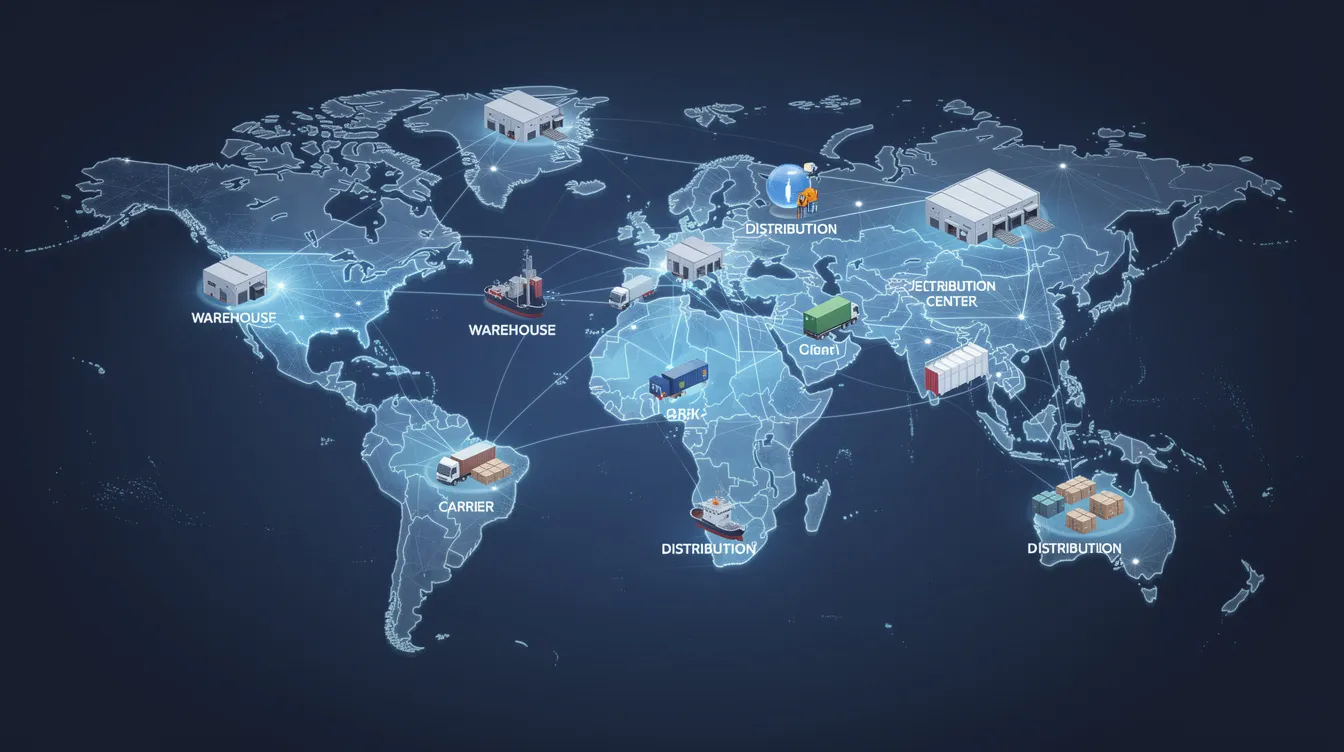 Billedet viser et globalt logistiknetværk med sammenkoblede noder, der repræsenterer lagre, transportører og distributionscentre, og illustrerer kompleksiteten i moderne forsyningskæder. Det understreger vigtigheden af supply chain management og automatisering for at forbedre operationel effektivitet og leve op til kundernes forventninger.