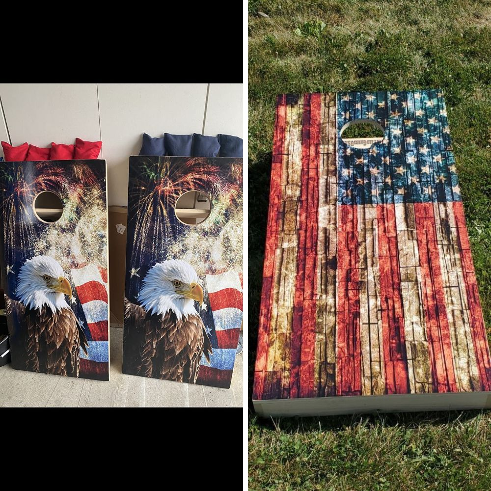 A couple of custom cornhole boards with durable materials and vibrant colors