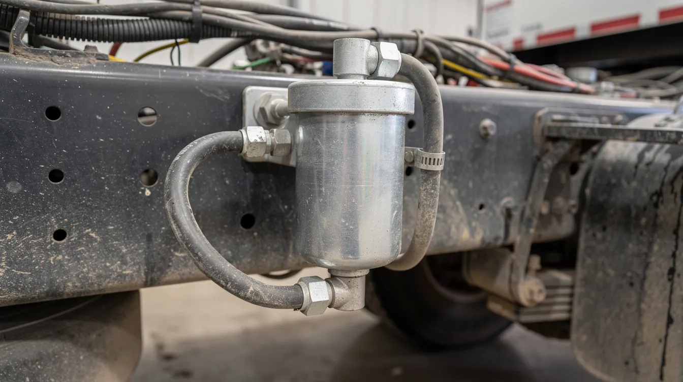 The image shows a close-up view of an inline fuel filter mounted on the frame rail of a heavy-duty truck, highlighting its essential role in the fuel delivery system. This high-quality fuel filter is crucial for maintaining optimal performance by preventing harmful debris and contaminants from reaching the engine and fuel injectors.