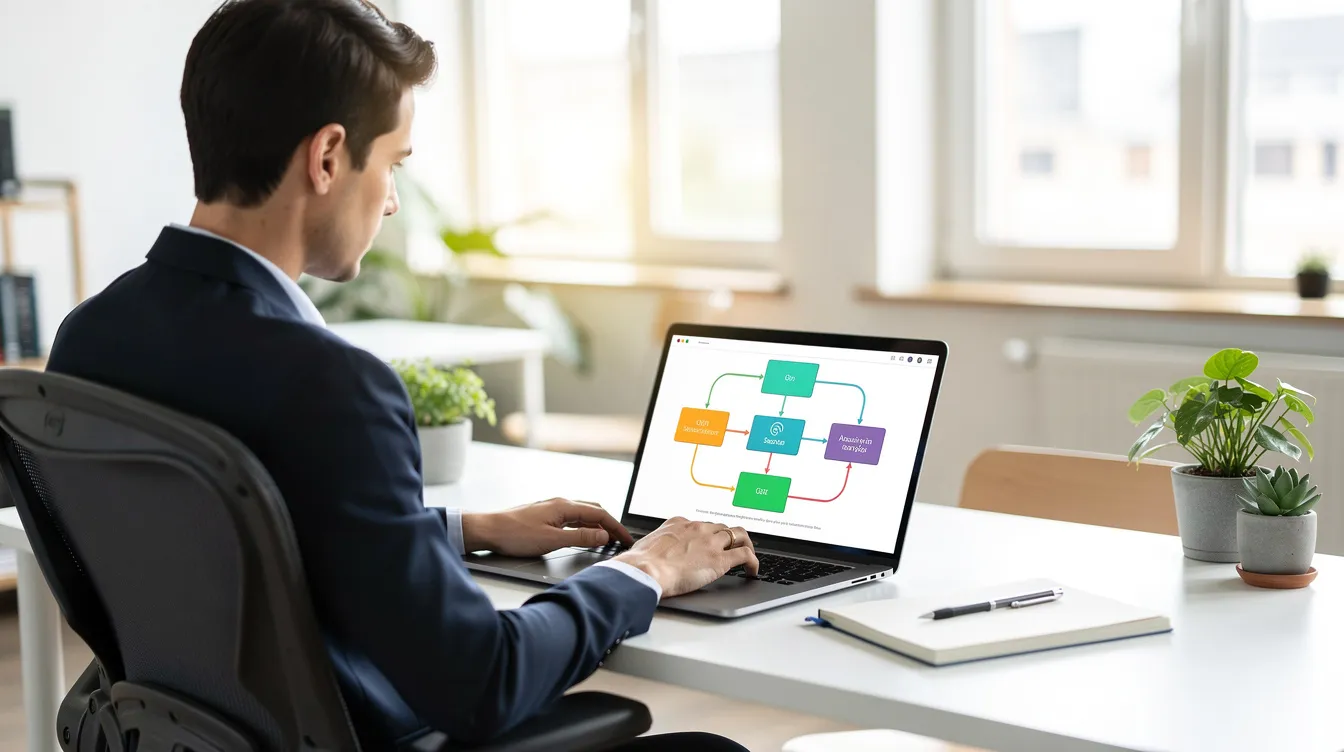 A person is seated at a laptop in a bright office, focused on a flowchart displayed on the screen, which outlines various steps for a project. The environment suggests a productive workspace ideal for analyzing methods and discussing results.