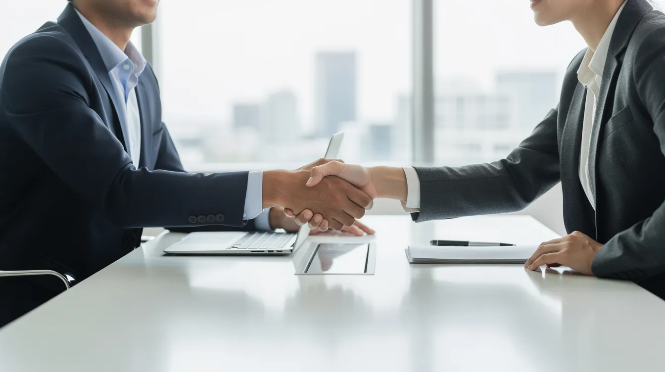 In a professional office setting, two individuals are shaking hands across a desk, symbolizing a successful agreement or partnership. This interaction may relate to financial matters such as debt restructuring or loan approvals, highlighting the importance of collaboration in achieving favorable financial outcomes.