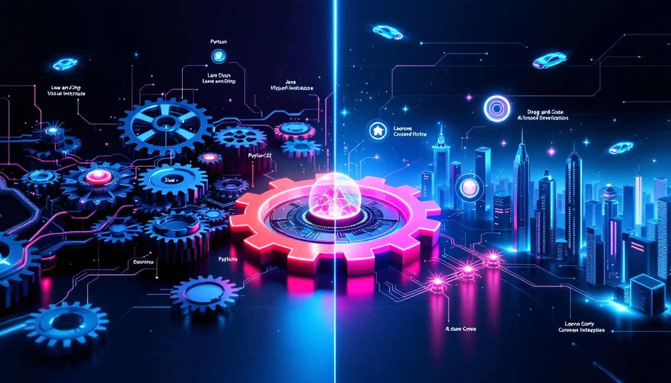 Visual representation of key features of low code development platforms. digital transformation initiatives,