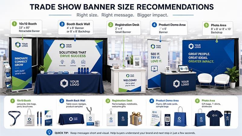Banner size recommendations for 10x10 booths, back walls, registration desks, demo areas and photo backdrops