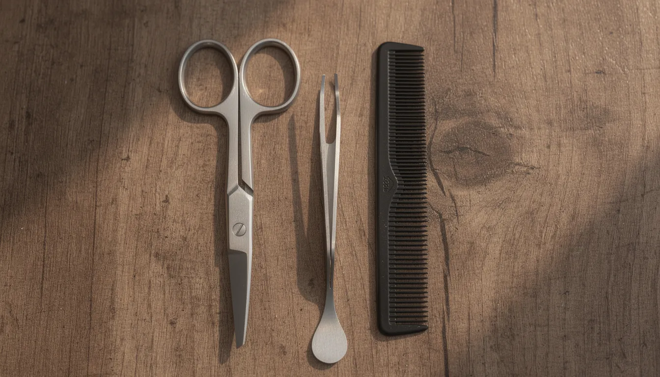 A close-up image showcases men's grooming tools, including precision tip scissors, tweezers, and a fine-toothed comb, all neatly arranged on a wooden surface. These tools are essential for eyebrow grooming, helping to trim stray hairs and maintain a well-defined brow shape for a polished appearance.