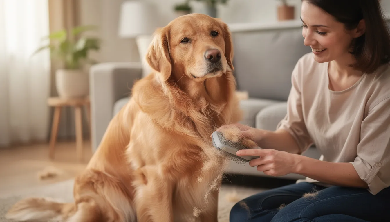 Opiekun starannie szczotkuje sierść złotego retrievera, dbając o zdrową skórę psa i kondycję jego sierści. Regularne szczotkowanie wspiera zdrowie skóry, zapobiegając problemom takim jak sucha skóra czy wypadanie sierści.