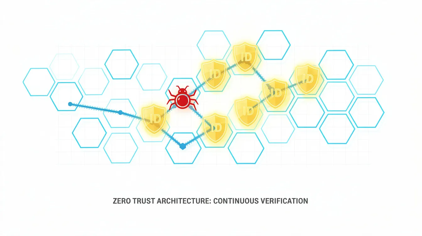 The image features a modern schematic diagram with interconnecting blue hexagonal data nodes on a white background, showcasing a red malware icon being blocked by a glowing yellow shield marked with an 'ID' symbol. Below, the phrase "ZERO TRUST ARCHITECTURE: CONTINUOUS VERIFICATION" emphasizes the importance of protecting against zero day vulnerabilities and ensuring security against potential malware threats.