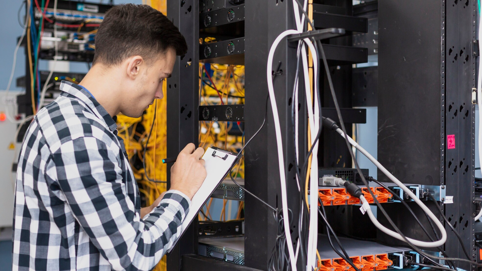 IT technician inspecting server racks and wiring, taking notes on a clipboard in a data center.