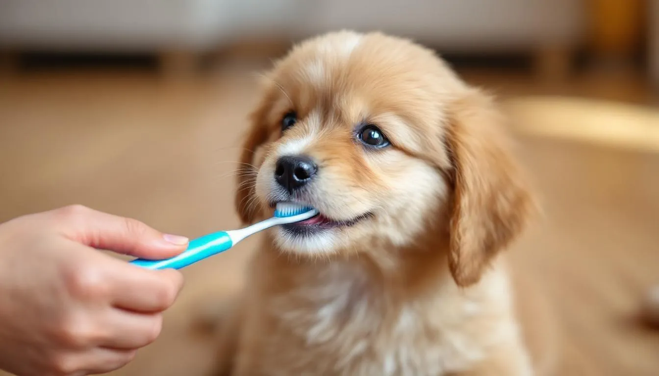 A gentle hand is brushing a small puppy
