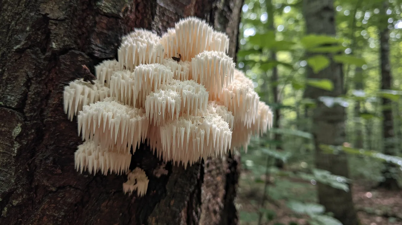A close-up view showcases a white lion's mane mushroom growing on the bark of a hardwood tree in a lush forest, highlighting its unique, cascading appearance. This real mushroom is known for its potential to support brain health and cognitive function, making it a popular choice for mushroom supplements.