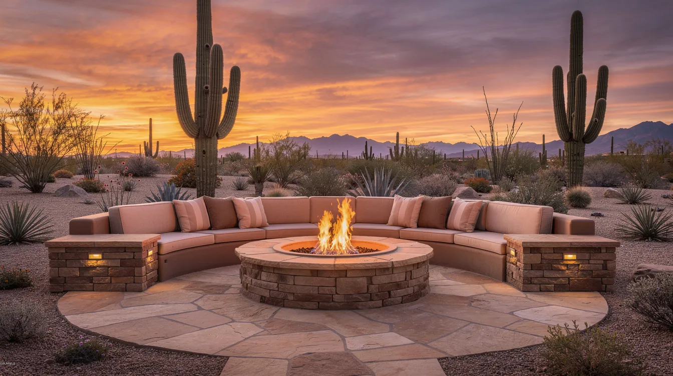 The image depicts a stylish outdoor living space in the Arizona desert, featuring a built-in fire pit surrounded by a seating wall made of stone. This hardscape design creates a functional and inviting area for relaxation, enhanced by the natural desert landscape.