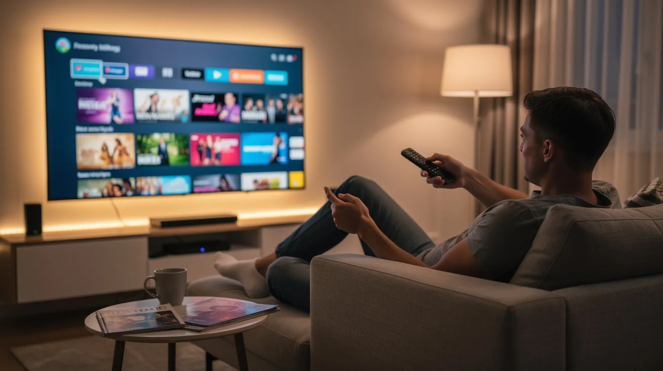 A person is comfortably seated on a couch, holding a remote control while browsing various channels on a large flat-screen television. The scene captures the essence of modern entertainment, showcasing the ease of accessing live TV and streaming services with an IPTV service provider.