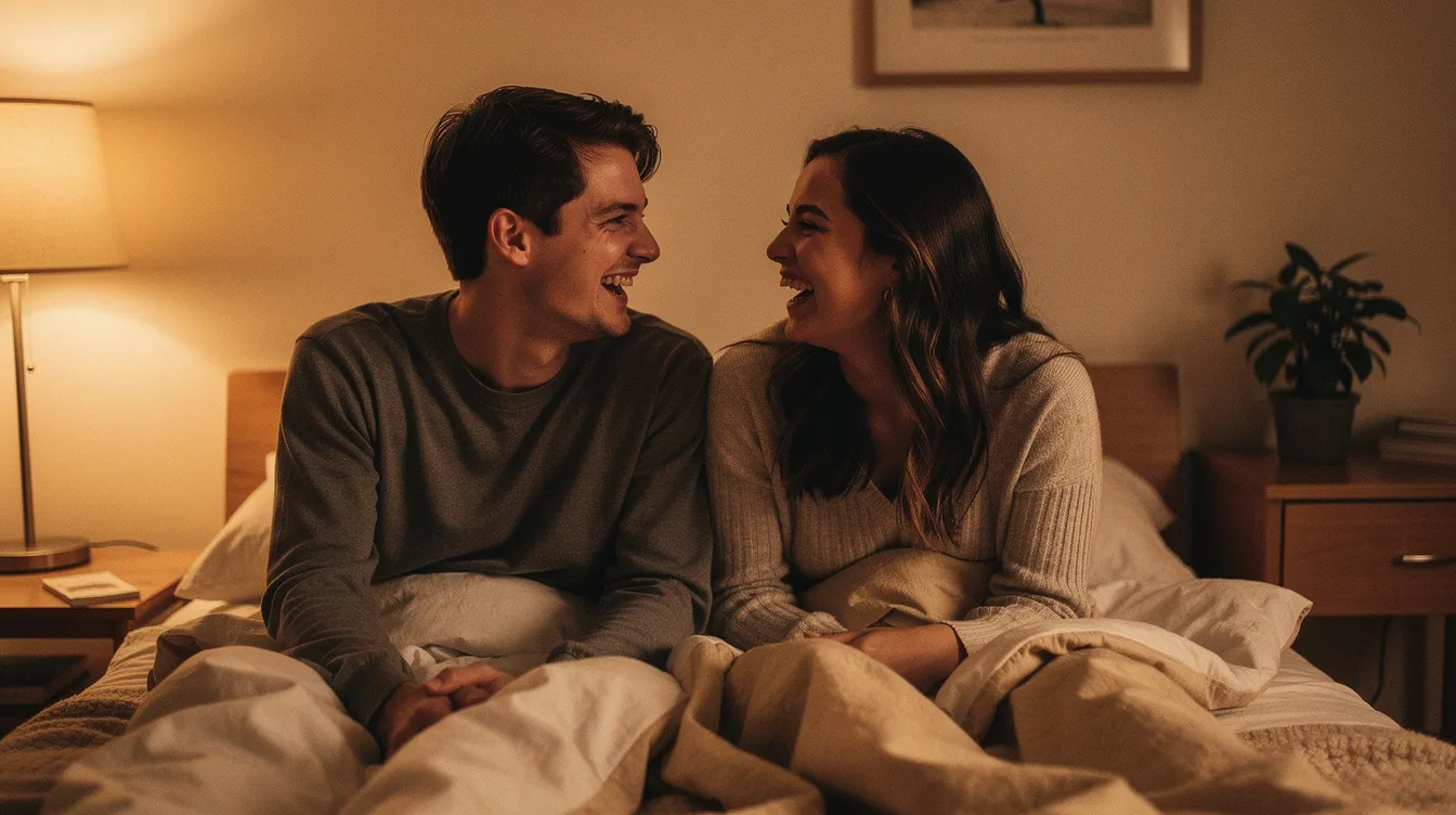 A couple is playfully laughing together in a warmly lit bedroom, creating an intimate atmosphere that enhances their connection. This joyful scene reflects the excitement of exploring different roles and scenarios in their love life, inviting them to communicate and share their desires.
