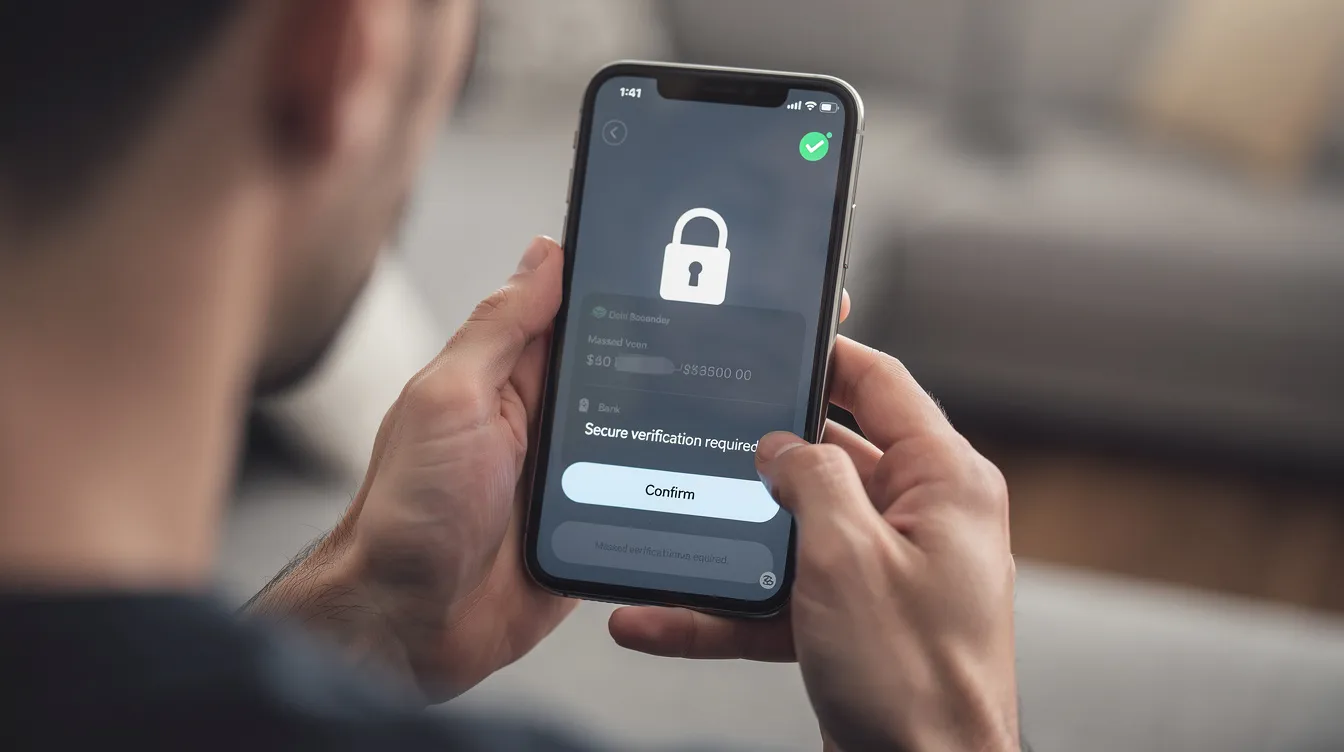 The image shows a person securely completing a digital banking transaction on their smartphone, with a verification screen prominently displayed. This scene emphasizes the ease of online loans and financial transactions in today's digital age.