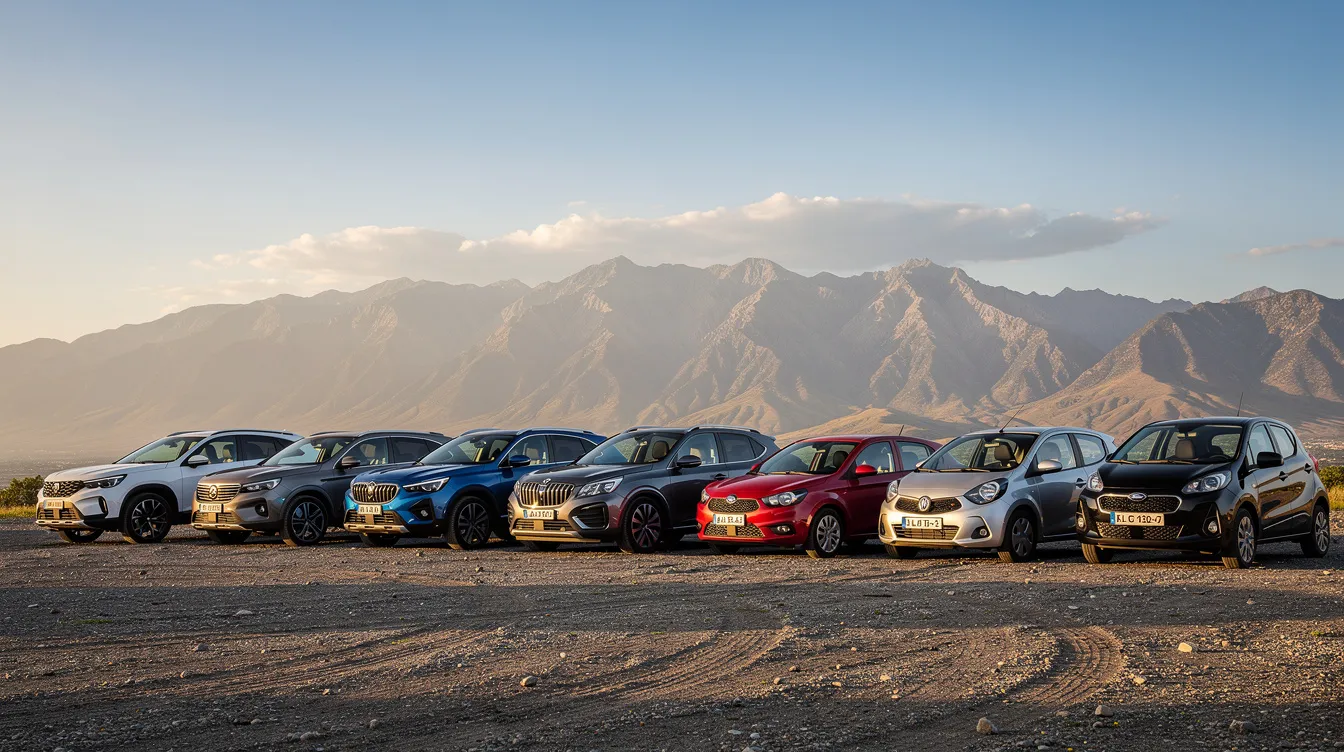 A diverse fleet of SUVs and compact cars is parked neatly, with the stunning Atlas Mountains towering in the background. This scene captures the essence of a car rental business, showcasing various vehicle types available for customers looking to explore the scenic location.