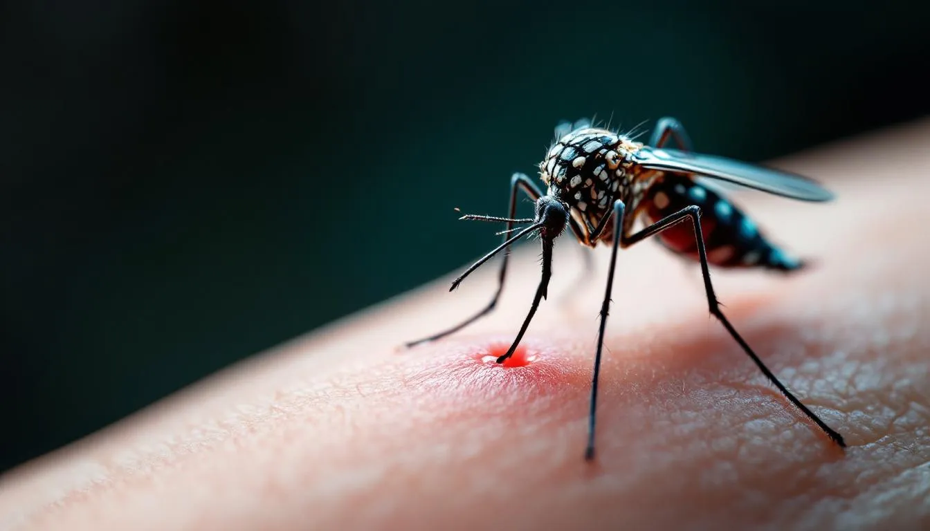 A close-up image shows a mosquito perched on human skin, symbolizing the transmission of vector-borne diseases. This highlights the importance of understanding the incubation period of infectious diseases that can arise from such bites, emphasizing the need for disease control and prevention measures.