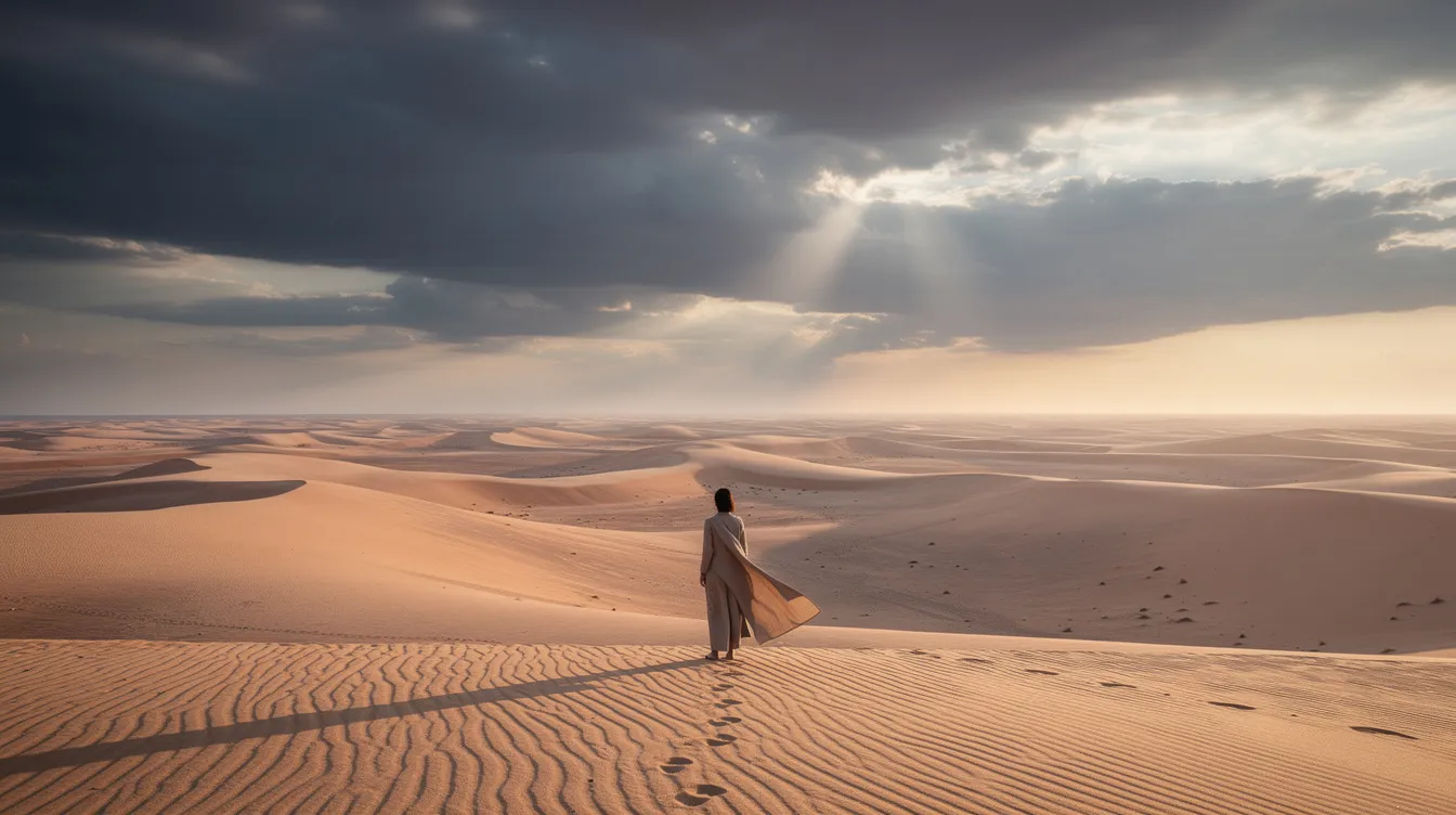 A solitary figure stands at the edge of a vast desert landscape at dawn, gazing toward the horizon as light breaks through the clouds, symbolizing hope and the promise of new beginnings. This scene reflects the journey of faith and overcoming rejection, reminding us of the many lessons taught by Jesus Christ about perseverance and God's unfailing love.