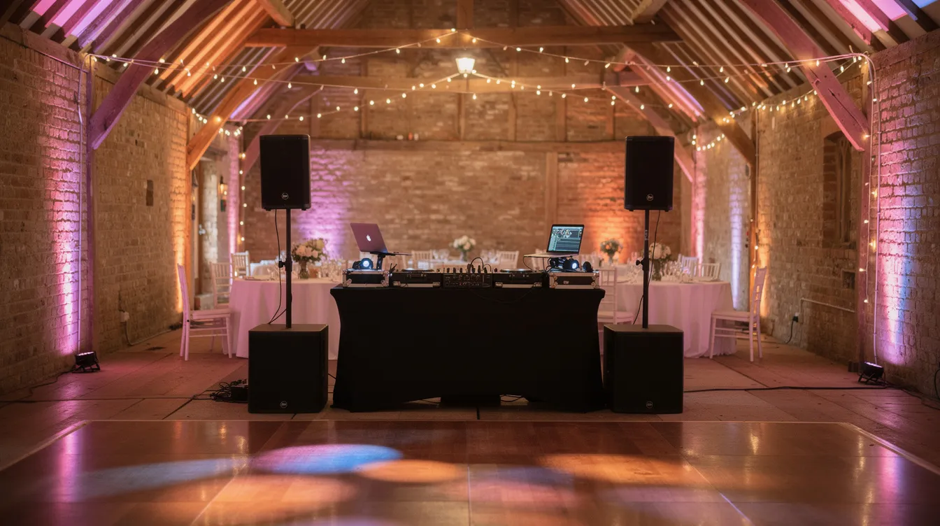 The image features a vibrant DJ setup in a Hampshire barn wedding venue, complete with colorful uplighting that creates a lively party atmosphere. The dance floor is ready for wedding guests to enjoy popular wedding songs, ensuring unforgettable moments on this special wedding day.
