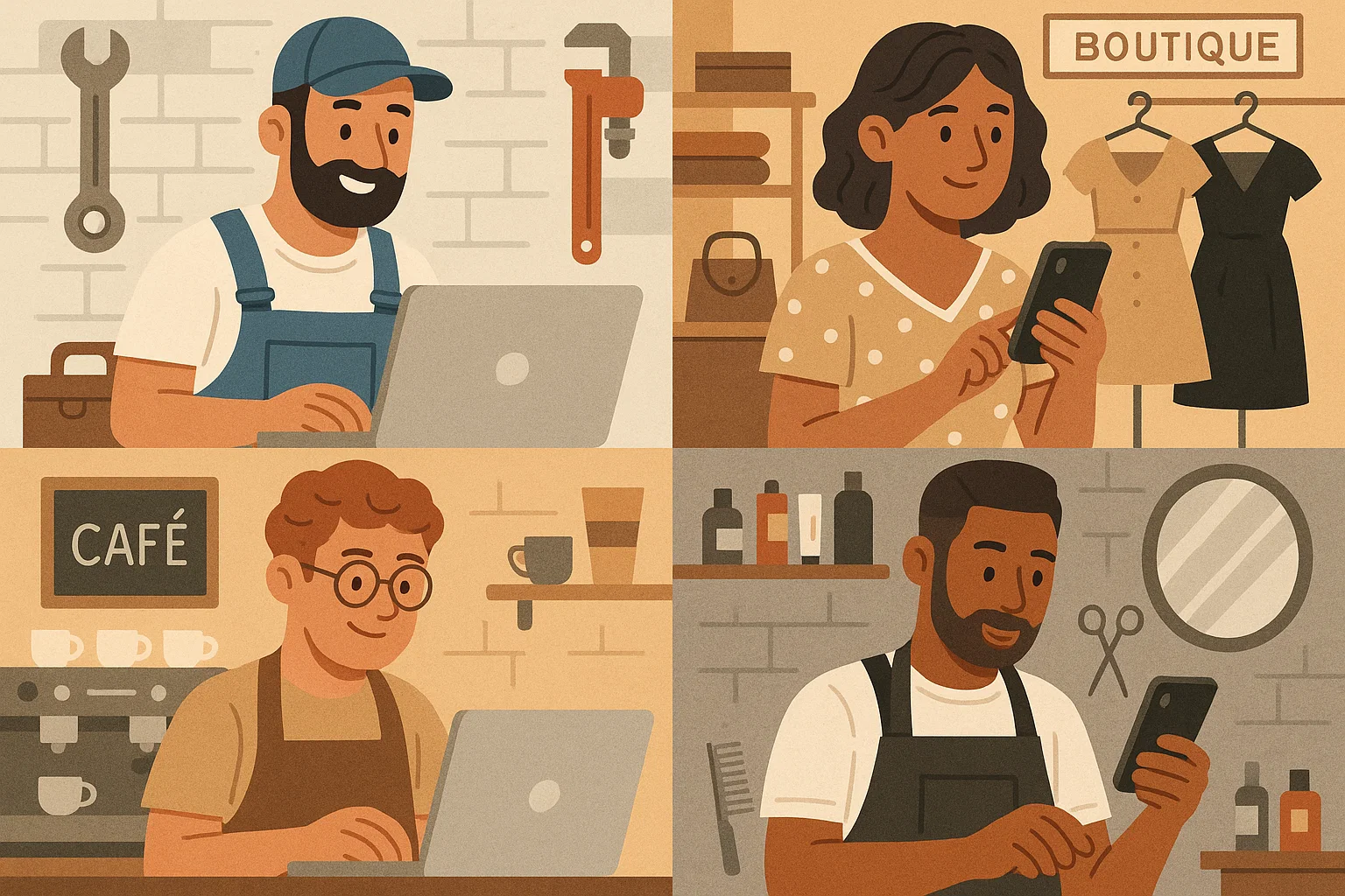 A grid of small business types — a plumber, a boutique, a café, and a hairdresser — each with a computer or phone open