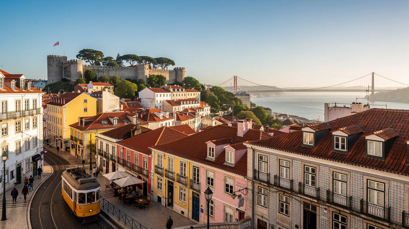A imagem mostra uma vista panorâmica da cidade de Lisboa, em Portugal, com suas casas coloridas e o icônico rio Tejo ao fundo. Esta cidade é um destino popular para turistas que buscam cultura, história e experiências únicas.