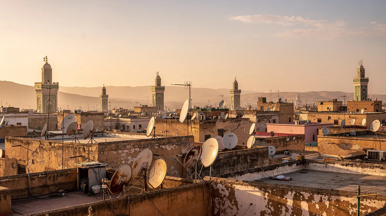A panoramic view of the Fes medina showcases the rooftops adorned with minarets and satellite dishes, bathed in the warm glow of golden hour. This vibrant scene captures the essence of the imperial city, inviting visitors to explore its narrow streets and hidden alleys.