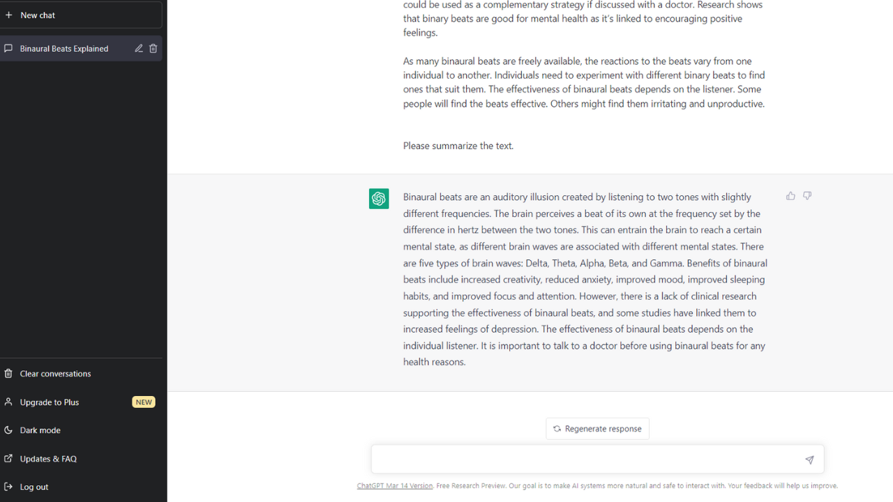 ChatGPT summarizing an article about binural beats.