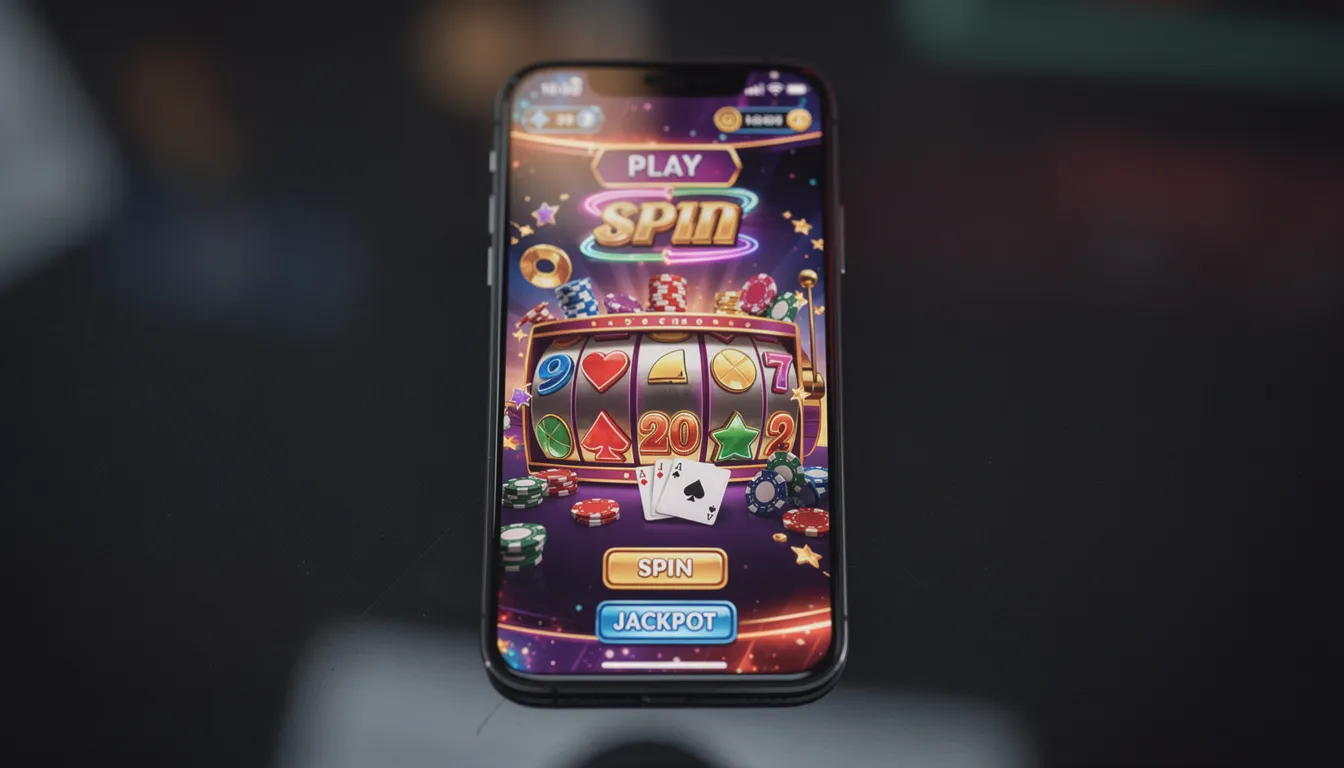 En smartphone visar en färgglad gränssnitt av ett casinospel, vilket ger en känsla av spänning och underhållning. Denna typ av spelupplevelse kan hittas hos pop casino, där nya spelare kan njuta av en mängd olika slots och bordsspel.