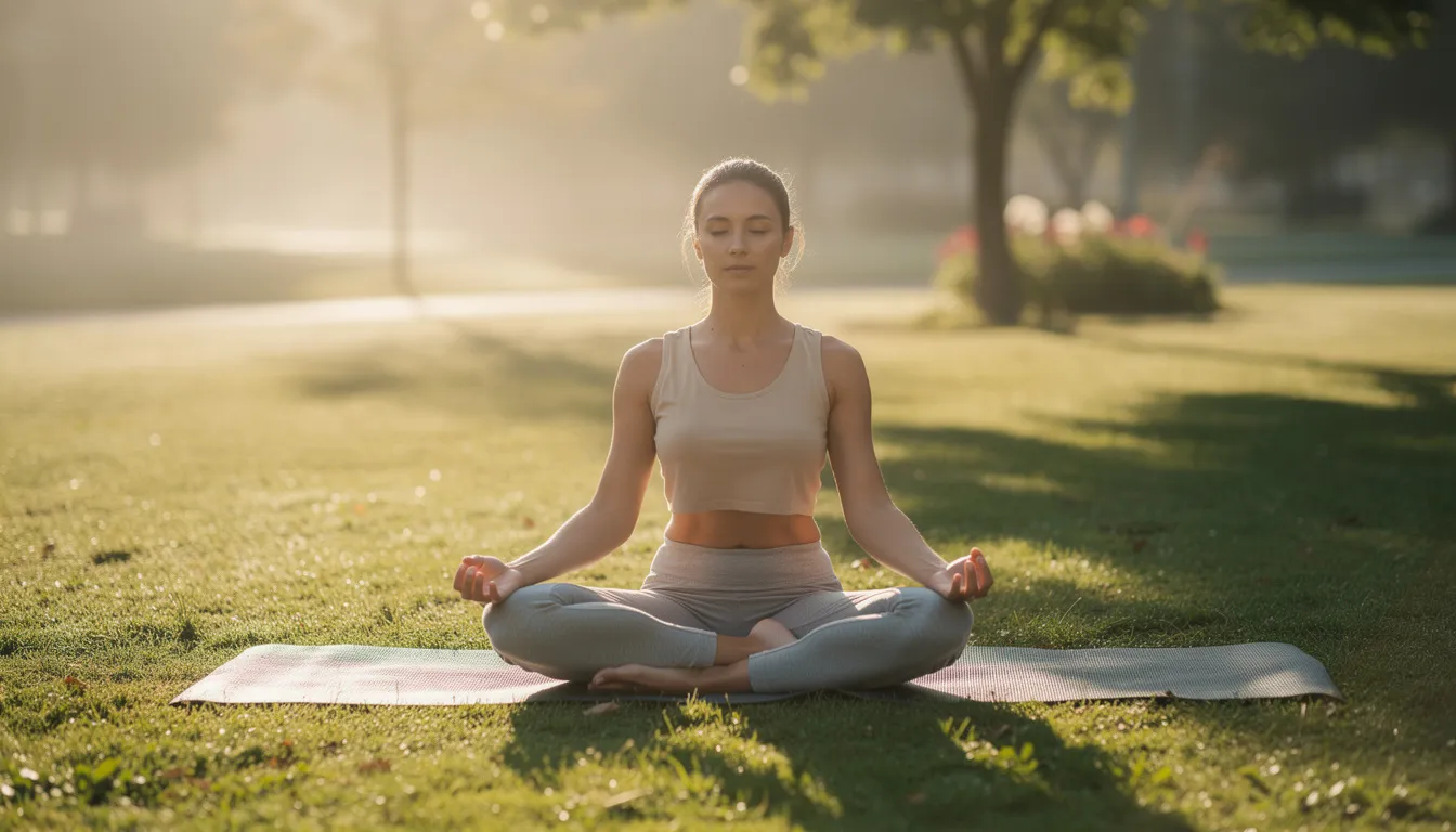 A person is practicing yoga outdoors on lush green grass, bathed in warm morning sunlight, promoting mental health and wellness through mindful movement. This serene environment serves as a peaceful backdrop for enhancing well-being and coping skills.