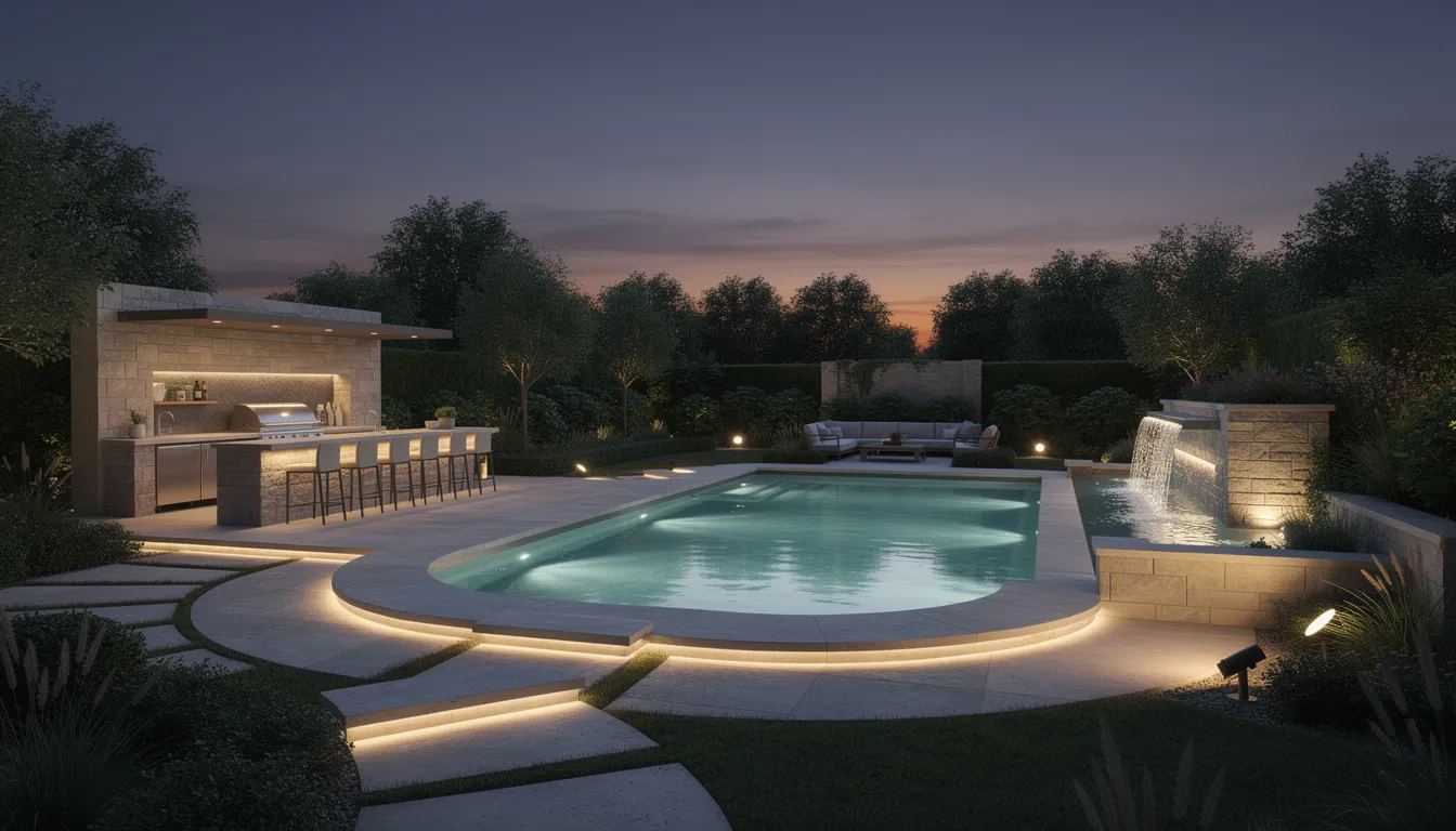 The image showcases an elegant outdoor kitchen and pool area, beautifully illuminated by warm LED lighting at twilight, creating an inviting atmosphere. The scene features pathways, water features, and comfortable outdoor furniture, highlighting the stunning outdoor living space perfect for entertaining guests and enjoying a relaxing outdoor lifestyle.