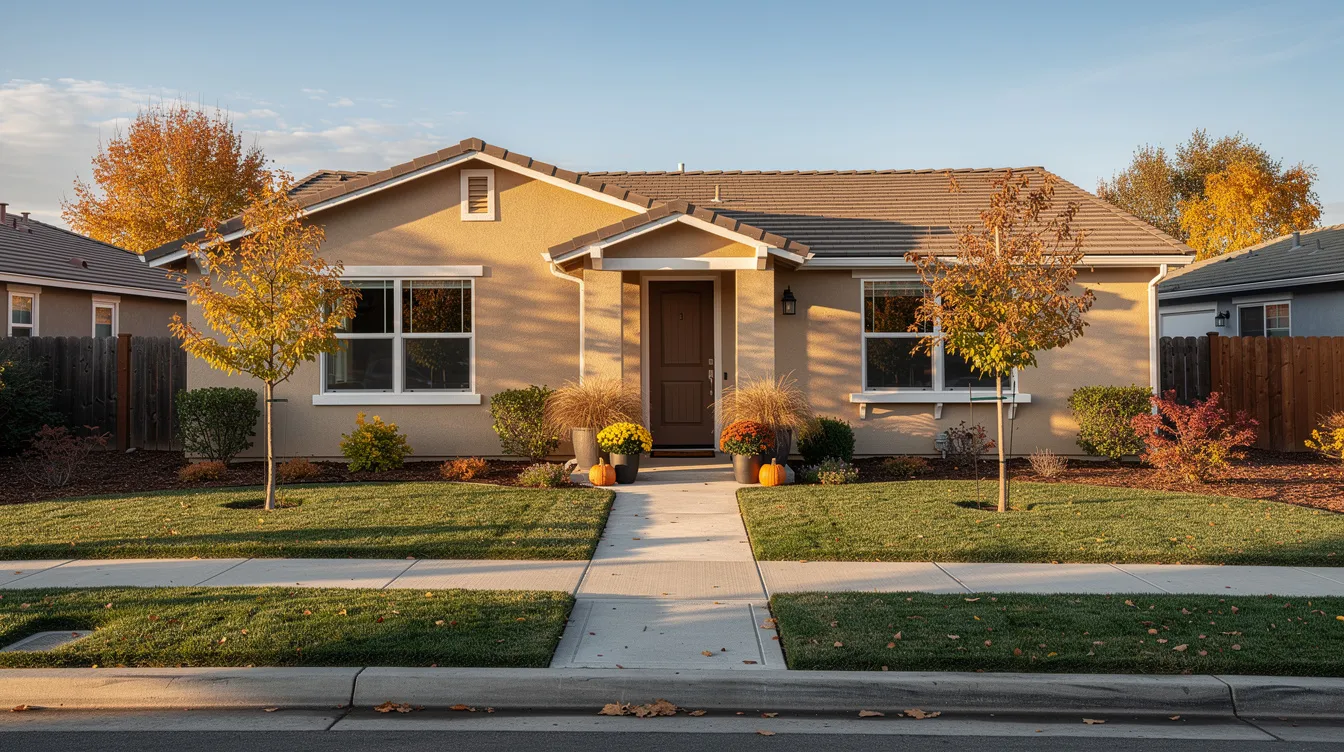 A single-story Sacramento-style home showcases tidy fall landscaping, with seasonal planters flanking the front door and a clean walkway, all bathed in soft afternoon light. This inviting exterior reflects the essence of home staging in the greater Sacramento area, appealing to potential clients and listings.