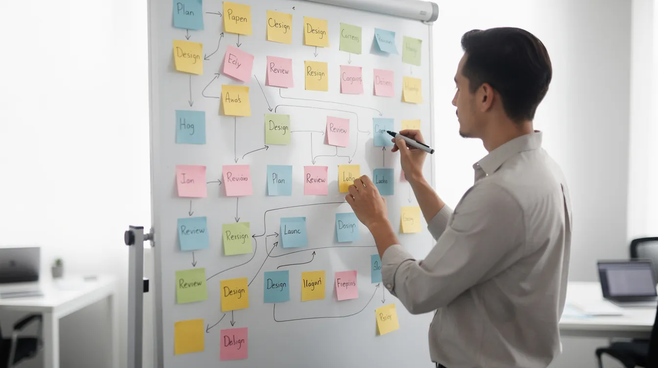 The image depicts a person standing in front of a whiteboard, organizing a workflow with colorful sticky notes, likely related to a vendor risk management program. This visual represents the process of managing vendor relationships and assessing potential risks associated with third-party vendors.