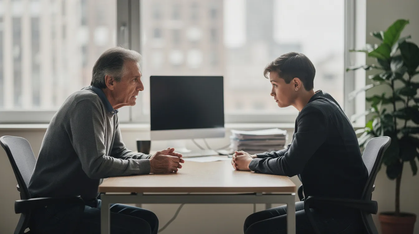 An adult child and their parent are engaged in a serious discussion in an office, focusing on the complexities of succession planning in family owned businesses. This conversation highlights the importance of open communication and careful planning for the future generations and the business's legacy.