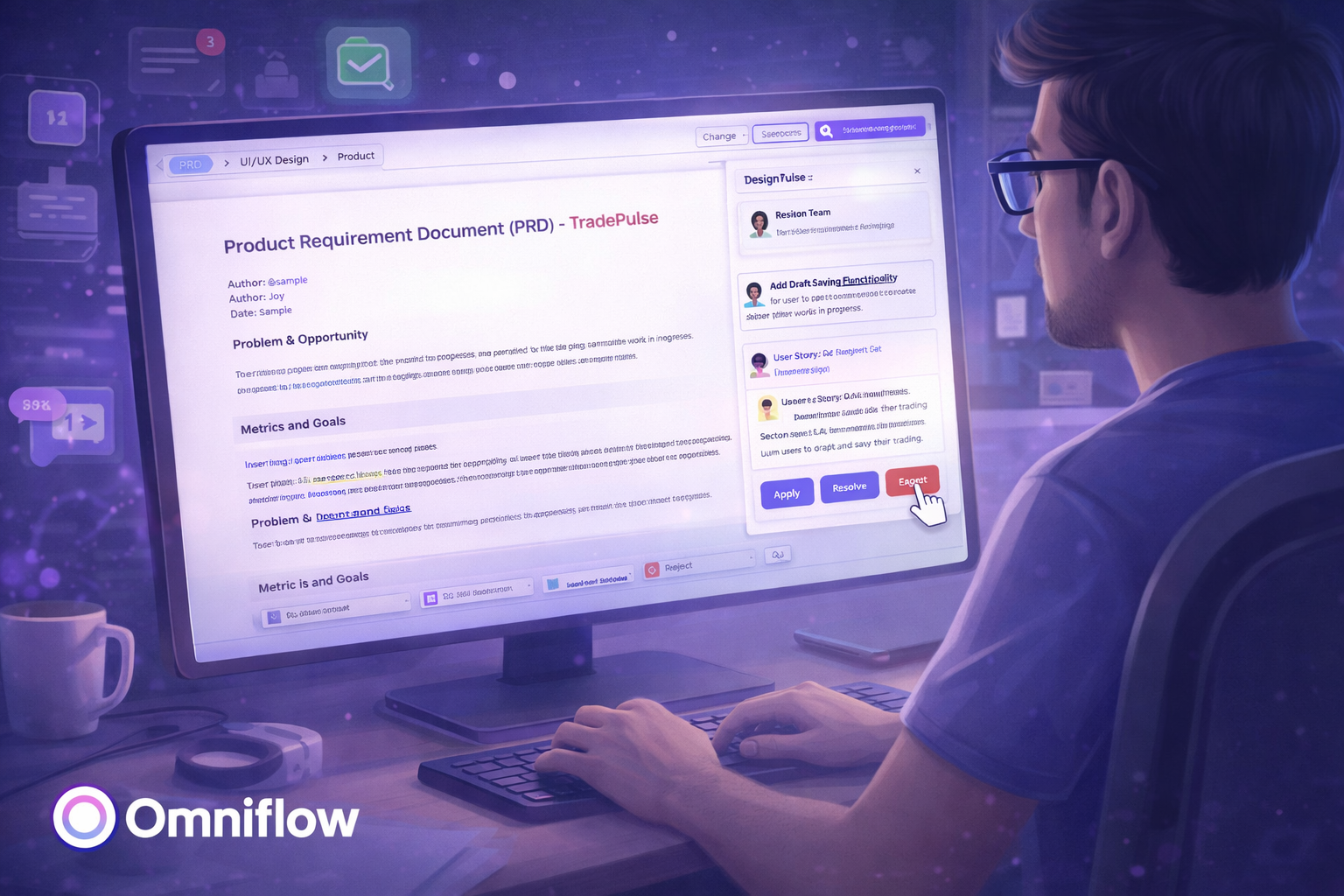 Image showing a developer working on a living PRD, illustrating the way teams work for storing information and developing products across classify documents with data privacy