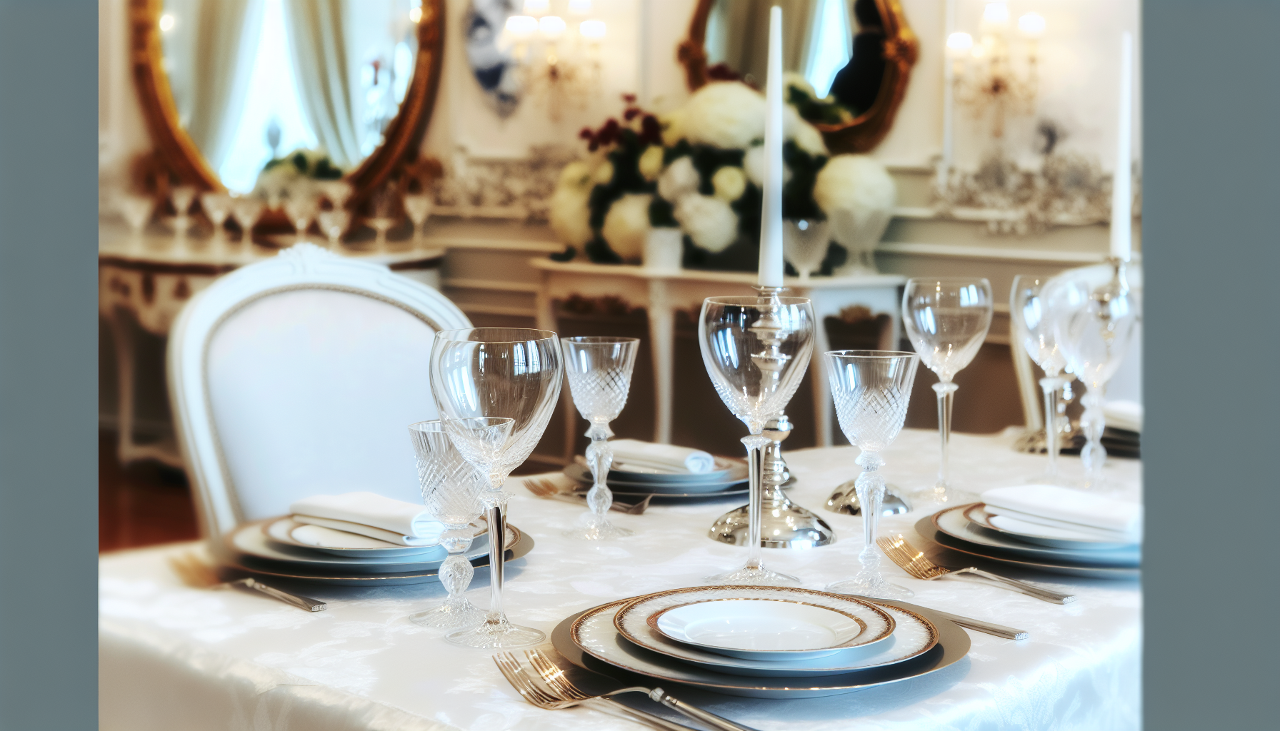 A beautifully set dining table with wine glasses, plates, and elegant cutlery