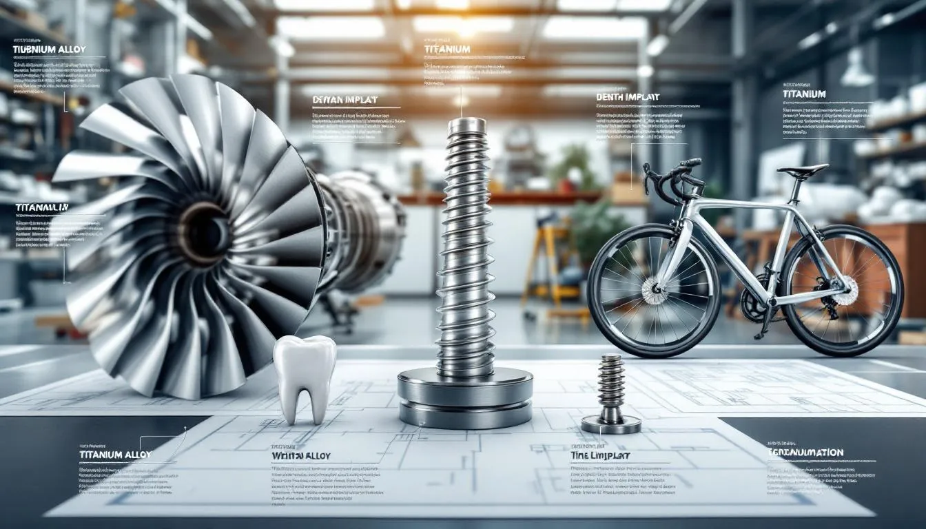 In the image, various applications of titanium are showcased, highlighting its use in aerospace components, medical implants, and marine environments. The depiction emphasizes the exceptional properties of titanium metal, such as its superior corrosion resistance, light weight, and high strength-to-weight ratio, which make it a preferred choice in these industries.