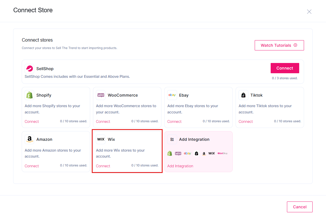 A screenshot shoing Sell The Trend store connection options