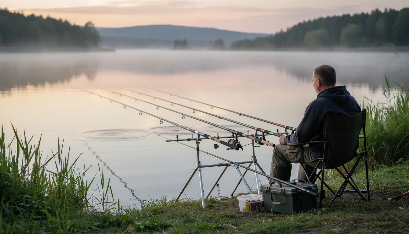 Na zdjęciu wędkarz siedzi nad brzegiem jeziora, gdzie rozstawił swoje wędki feederowe na podpórkach, przygotowując się do łowienia ryb. W tle widać spokojną wodę, co sugeruje idealne warunki do wędkowania gruntowego, zwłaszcza dla początkujących wędkarzy.